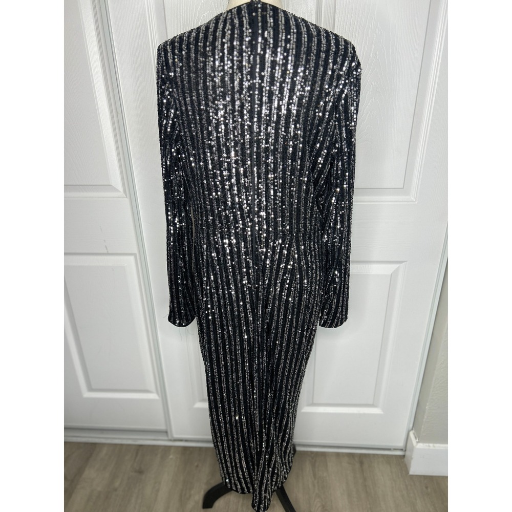 Baltic Born 1X Black Silver Sequin Faux Wrap Midi Dress Long Sleeve DM2349 - Picture 4 of 7